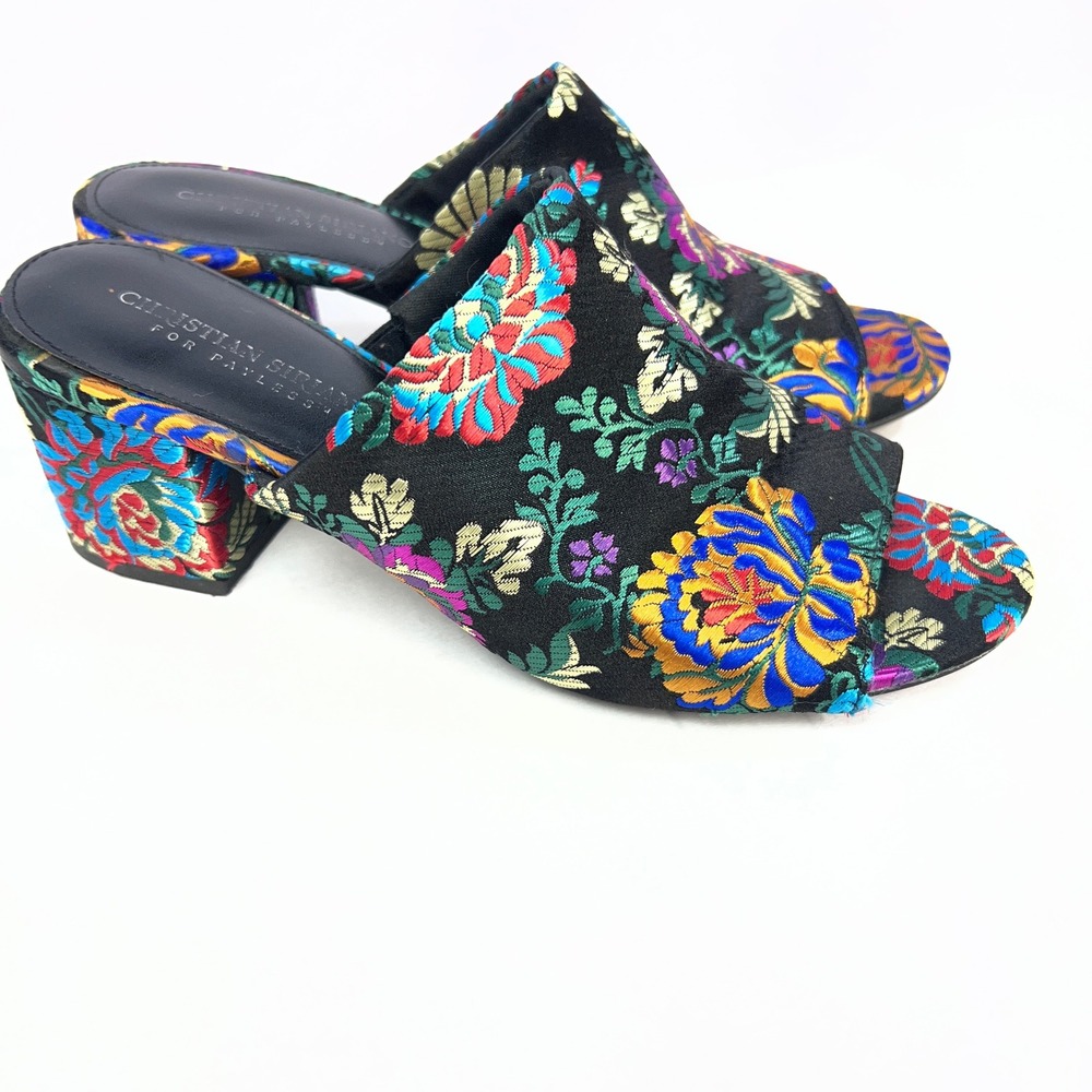 Christian Siriano for Payless Floral Brocade Block Heel Mules Black Multi Size 8
